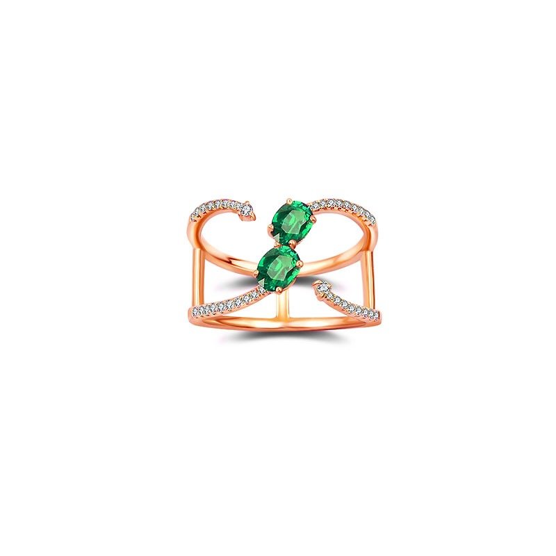 Double Emerald Connected Diamond Ring - General Rings - Gemstone Green