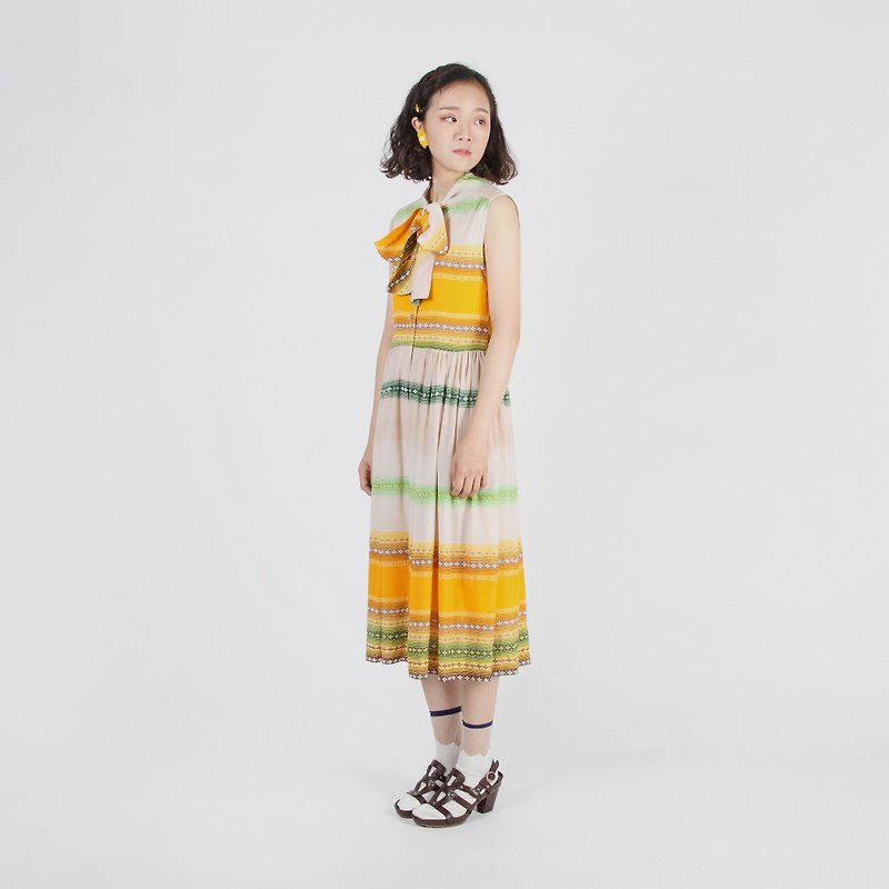 [Egg Plant Vintage] Liu Ding Line Print Sleeveless Vintage Dress - One Piece Dresses - Polyester Yellow