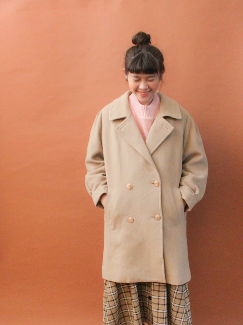 Vintage Japanese autumn and winter loose 茧-shaped lapel beige cotton wool coat coat - เสื้อแจ็คเก็ต - เส้นใยสังเคราะห์ สีส้ม