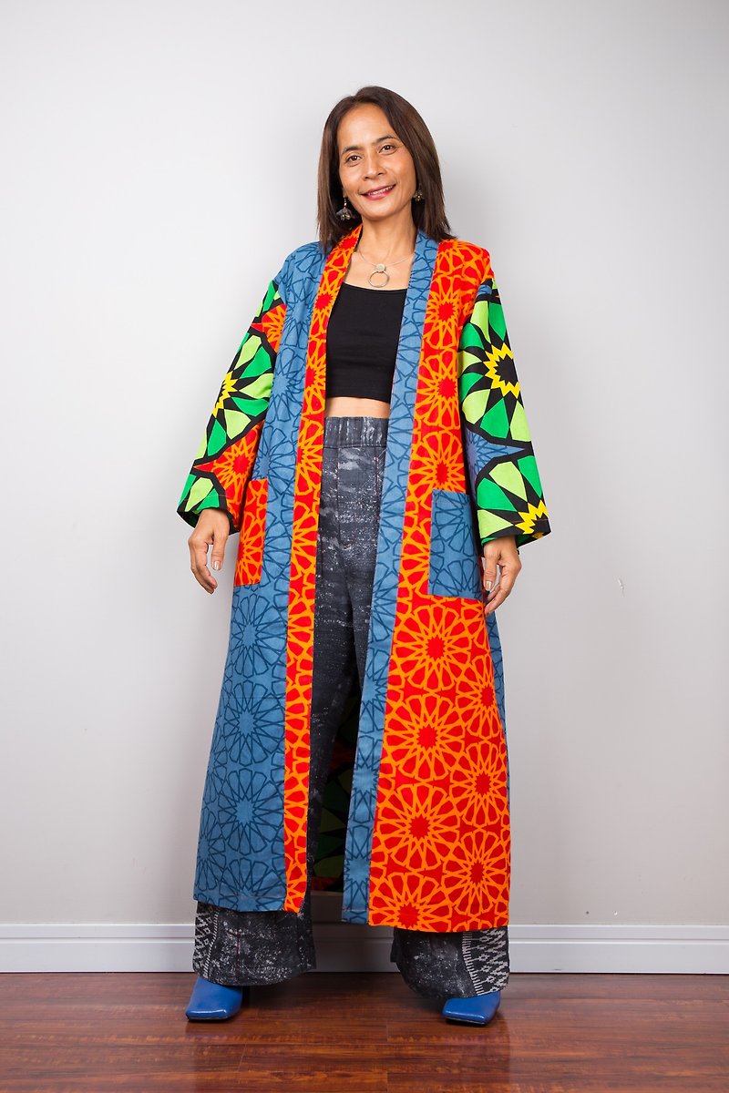 One of a kind, Ankara Long cardigan, african print with long sleeve and pockets - Women's Casual & Functional Jackets - Cotton & Hemp Multicolor
