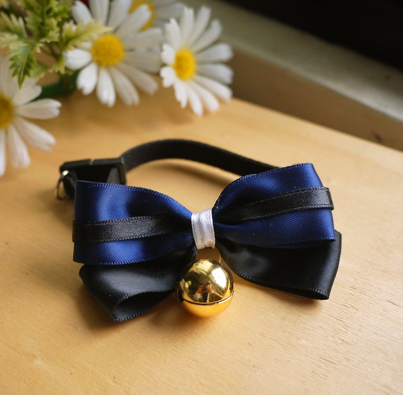 Elegant dark blue. Lightweight bells and bow collars︱Safe hand-made cat and dog pet collars/ribbons/hair accessories ♥Cherry Pudding♥ - Collars & Leashes - Cotton & Hemp Blue