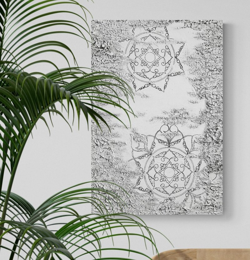 Bas-relief mandala painting, Black white spiritual art, Meditation texture decor - 壁貼/牆壁裝飾 - 壓克力 白色
