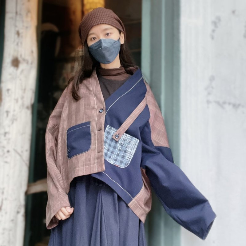 Pink Plaid Blue Plaid Patchwork Jacket #T5034 - Women's Casual & Functional Jackets - Cotton & Hemp Pink