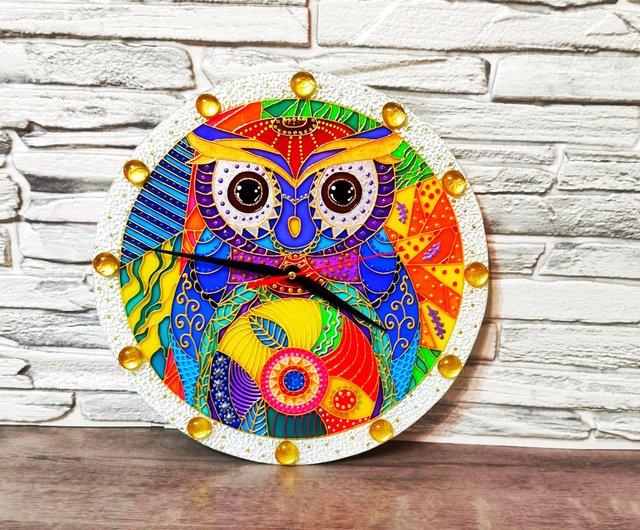 ステンドグラス　ふくろうモチーフの置時計 フクロウの壁掛け時計ぶら下げ装飾レインボーステンドグラス絵画
