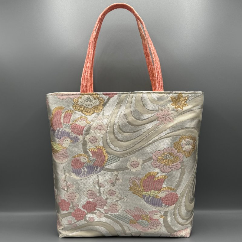着物 帯 帯締め ハンドメイド トートバッグ リメイク シルバー 鳥 梅 - 手提包/手提袋 - 絲．絹 