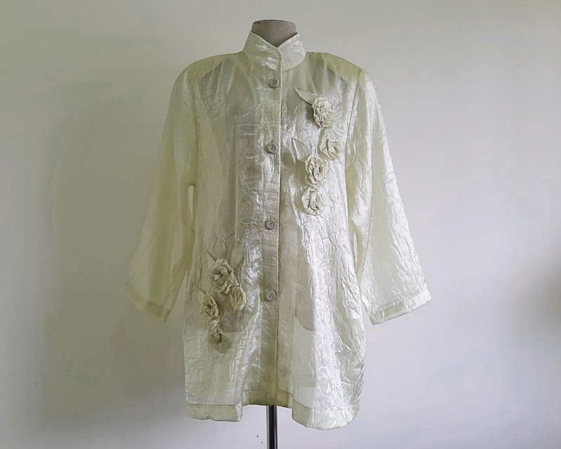 XL Vintage Yellow Flower Embroidered Organza Sheer Blouse Womens Long Sleeve Top - 女上衣/長袖上衣 - 聚酯纖維 黃色