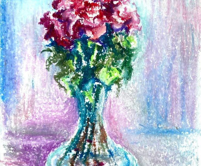 花　アクリルオイルパステル画　サイズF4 インテリアアート F4オイルパステル画「山茶花」 | 絵楽人（辻匠）