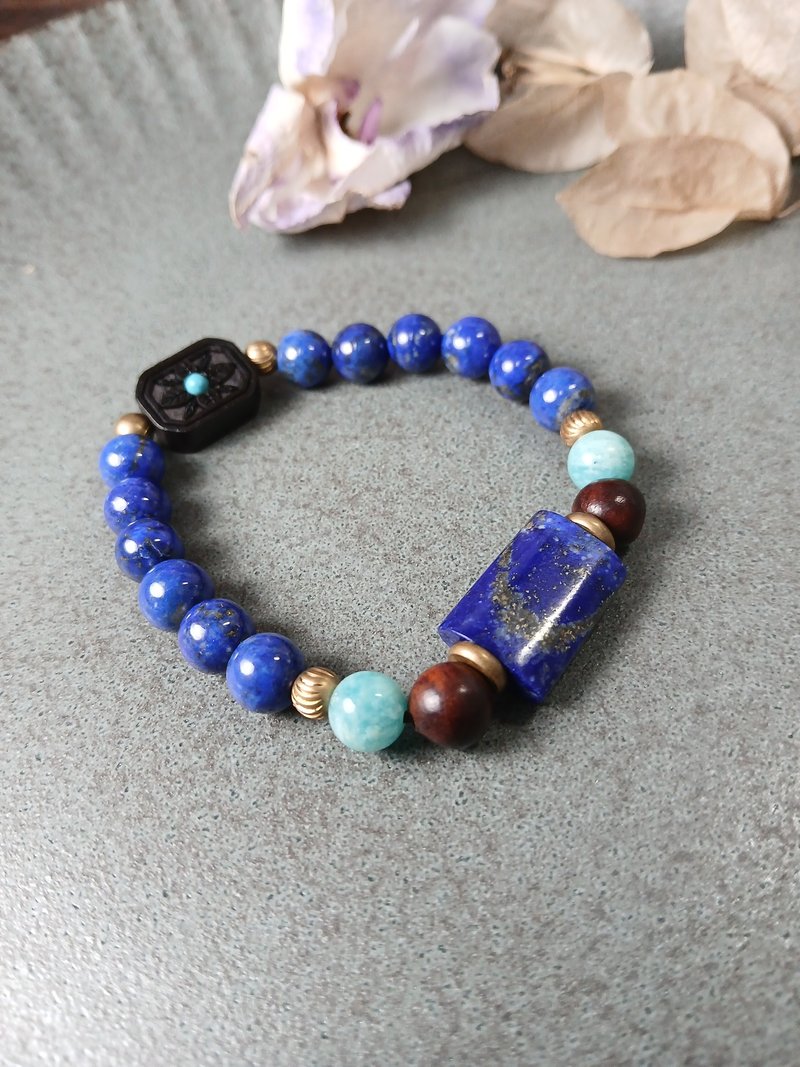 Christmas gift box | Bead design bracelet lapis lazuli + Stone+ rosewood + ebony + turquoise + Bronze - สร้อยข้อมือ - เครื่องประดับพลอย สีน้ำเงิน