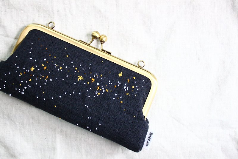 Order of the spring/milky way　embroidery linen/ pouch  Pen case. - Toiletry Bags & Pouches - Cotton & Hemp Black