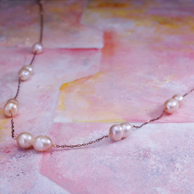 TWINS -  13x8mm Peanut Pink Pearl 18K Rose Gold Plated Silver Necklace - Necklaces - Pearl Pink