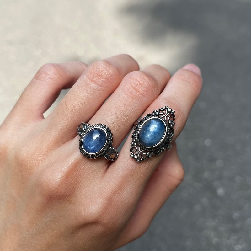Xiyingyao 925 Silver blue Stone kyanite natural stone live ring ethnic style hippie men and women - แหวนทั่วไป - คริสตัล สีเงิน