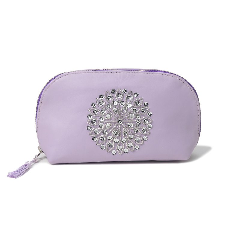 Purple cosmetic pouch moroccan Leather Sequined hand embroider Makeup bag(Large) - กระเป๋าเครื่องสำอาง - หนังแท้ สีม่วง