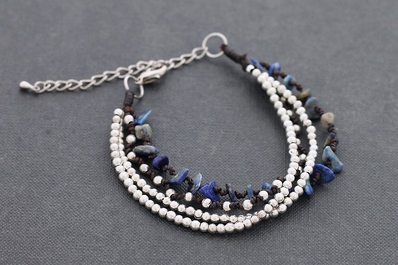 Lapis Stone Romantic Multi Strand Silver Woven Bracelets - Bracelets - Other Metals Blue