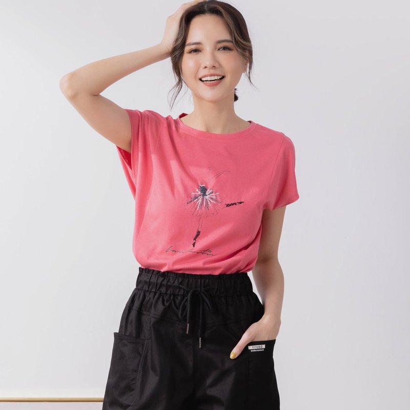 Ballet Side Splicing Cotton Tee - Pink - เสื้อยืดผู้หญิง - ผ้าฝ้าย/ผ้าลินิน สึชมพู