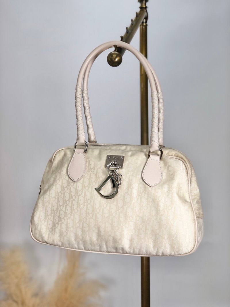 【 日本直送　名牌中古包 】Christian Dior トロッター ハンドバッグ ベージュ ロゴチャーム ナイロン レザー vintage 3t7wy7 - 手提包/手提袋 - 尼龍 白色