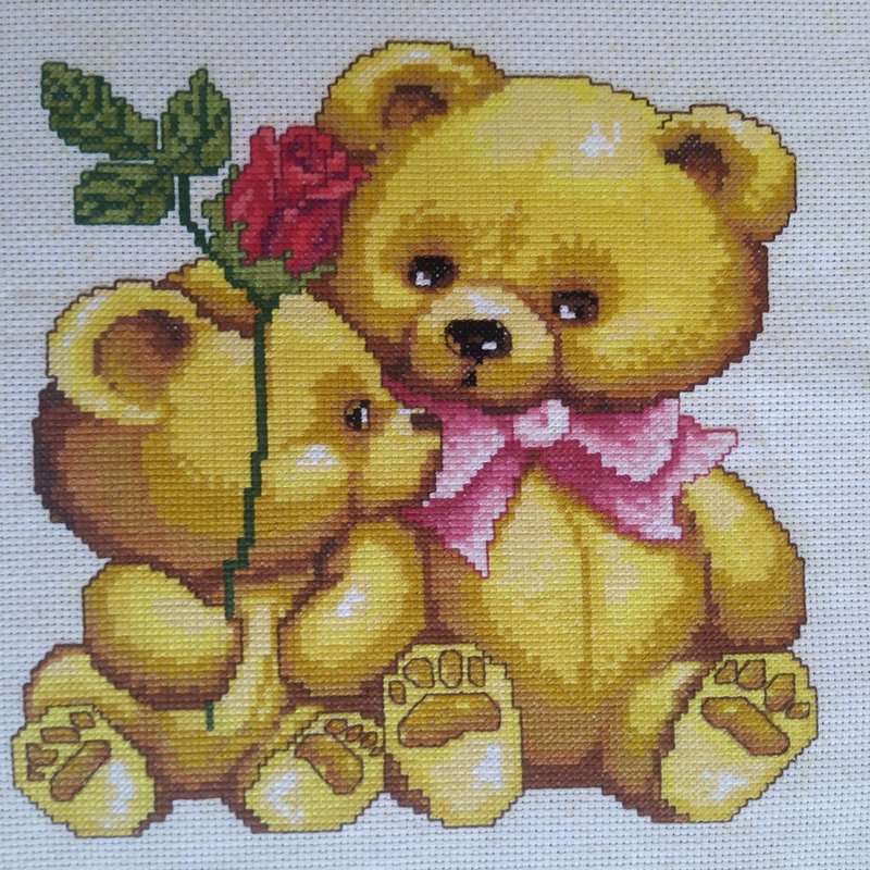 Teddy Bears painting, Animal wall art, finished cross stitch - โปสเตอร์ - งานปัก สีส้ม