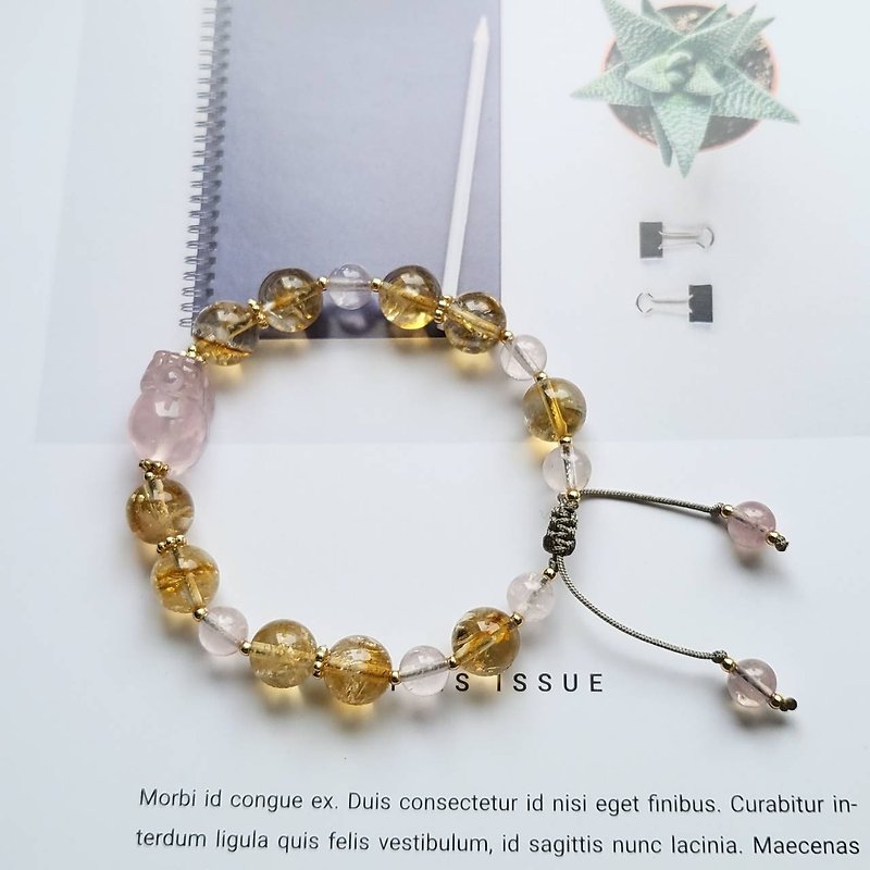 Money-biting mythical beast/lucky peach blossom and popularity~Starlight Pink Crystal Pixiu Citrine Bracelet - Bracelets - Crystal 