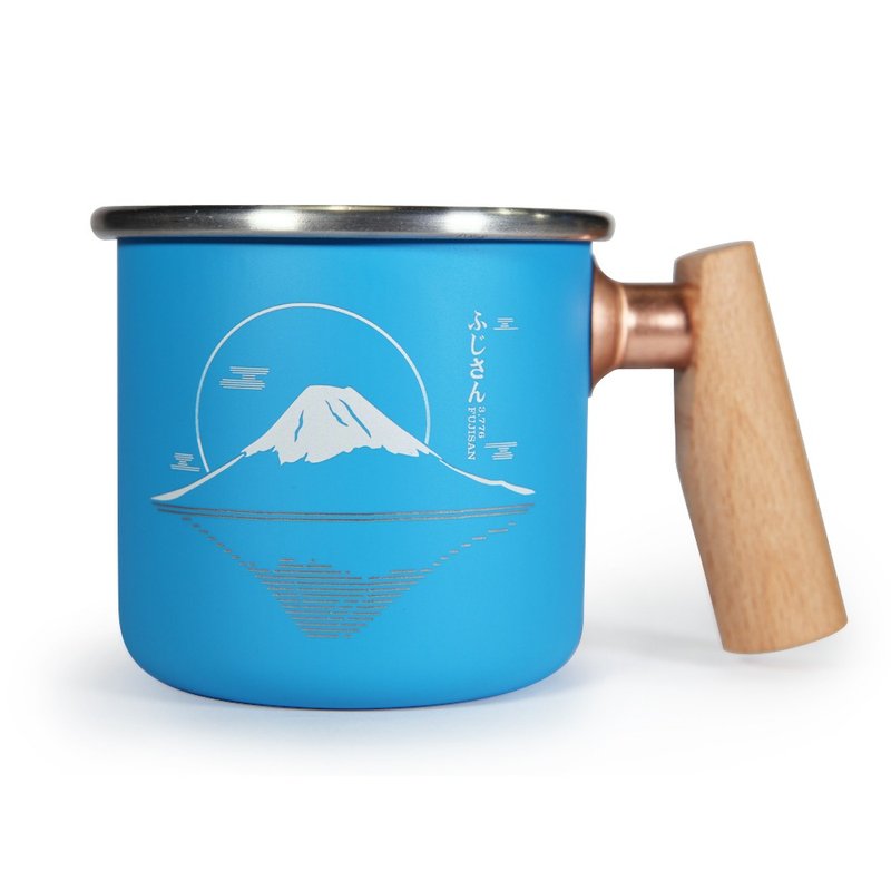Wooden handle stainless mug 400ml (FuJiSan) - แก้วมัค/แก้วกาแฟ - สแตนเลส สีน้ำเงิน
