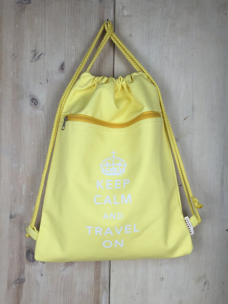 Keep Calm & Travel On Drawstring Backpack (Yellow) - Drawstring Bags - Cotton & Hemp Yellow