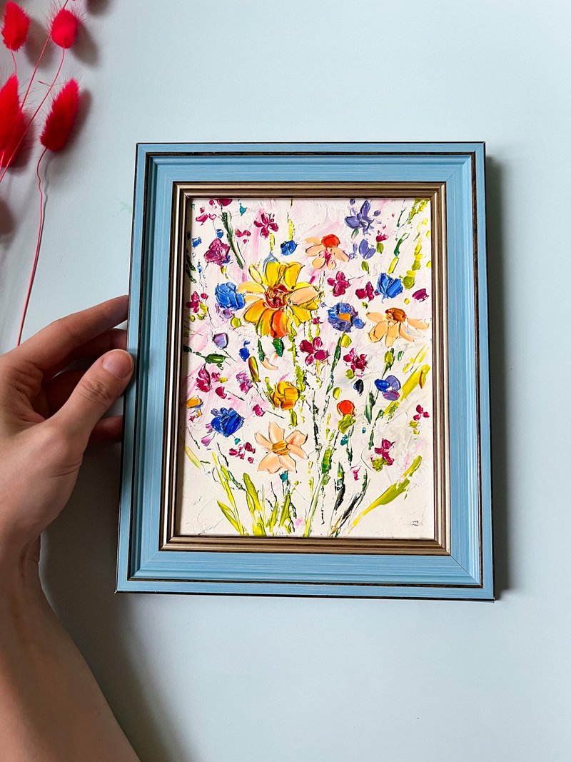 Meadow Painting Original Art Floral Painting Impasto Oil Painting - โปสเตอร์ - วัสดุอื่นๆ สีเหลือง