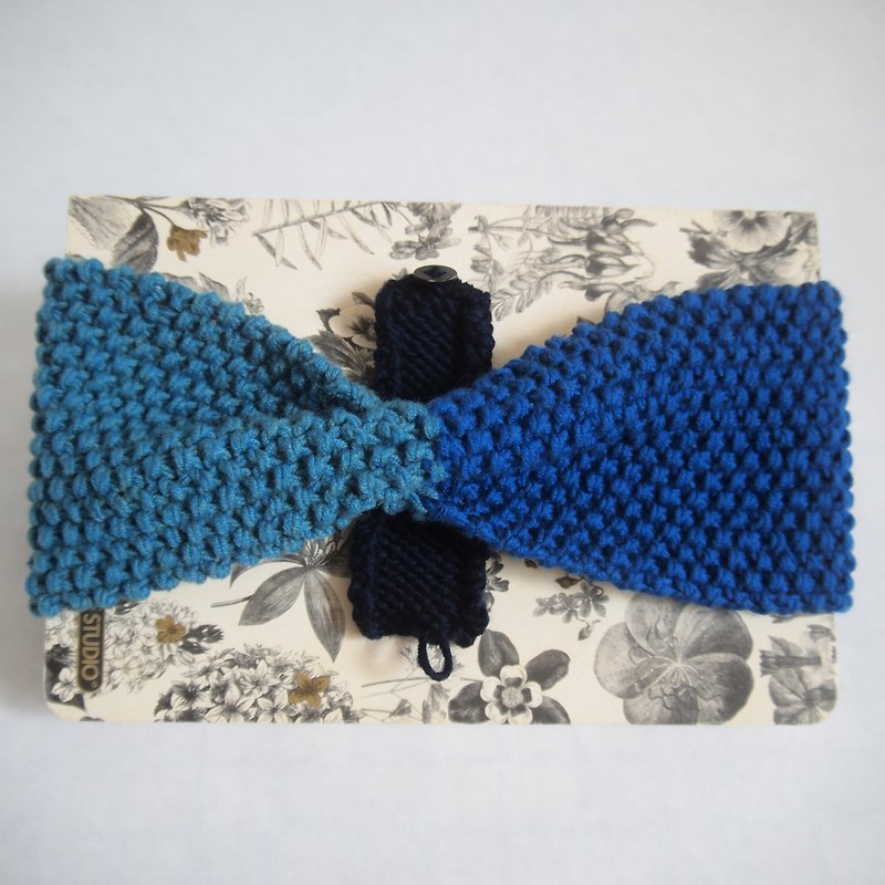 Two-style hand knit blue headband - เครื่องประดับผม - ขนแกะ สีน้ำเงิน