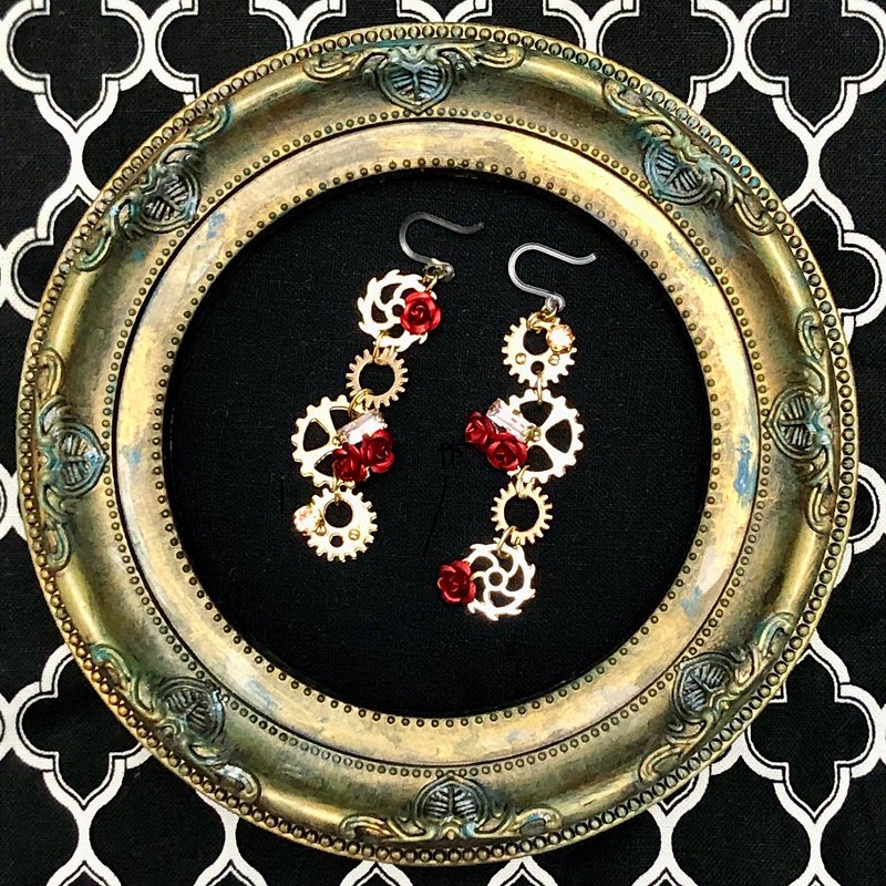 Gears and Red Rose Earrings 5 - ต่างหู - โลหะ สีแดง