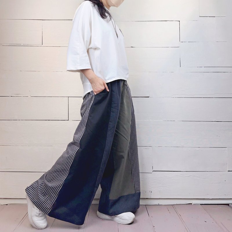 黑綠灰直條拚色寬褲 #U2063 - 女長褲 - 棉．麻 灰色