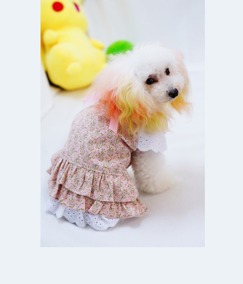 蕾絲碎花洋裝 - 寵物衣服 - 棉．麻 粉紅色