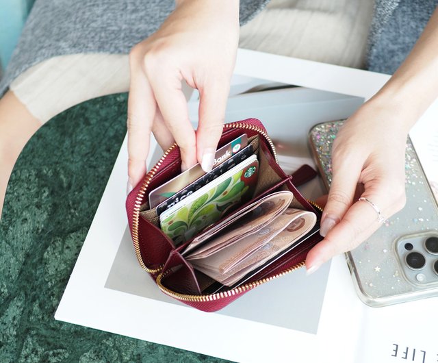 Penni (Burgundy) : Zip wallet, Short wallet, Leather, Dark
