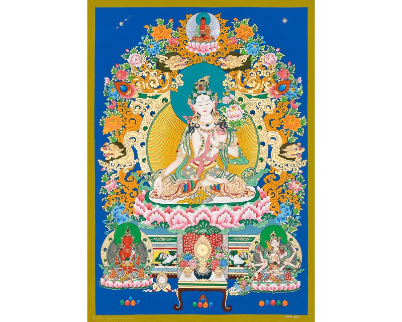 白度母唐卡 | 西藏藝術  象徵慈悲與療癒能量 - 壁貼/牆壁裝飾 - 其他材質 多色
