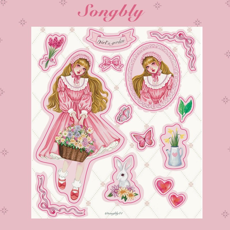 sweet garden cut line sticker - 貼紙 - 其他材質 粉紅色