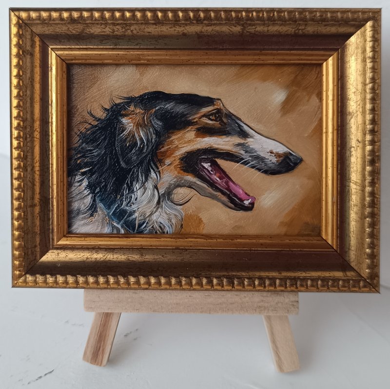 ACEO 俄羅斯獵狼犬肖像油畫原畫 狗狗藝術 2.5*3.5 英寸 - 壁貼/牆壁裝飾 - 其他金屬 金色