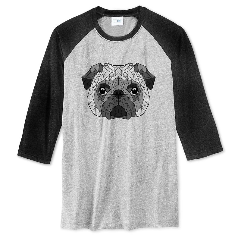 Geometric Pug 3/4 sleeve gray t shirt - เสื้อยืดผู้ชาย - ผ้าฝ้าย/ผ้าลินิน สีเทา