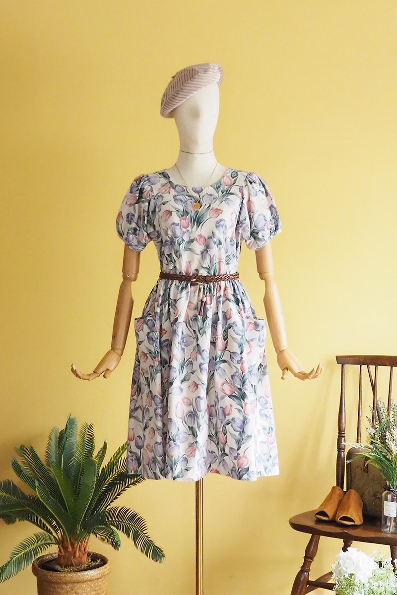 Vintage dress | Size L | Tulip pattern cotton linen dress - ชุดเดรส - ผ้าฝ้าย/ผ้าลินิน สีน้ำเงิน