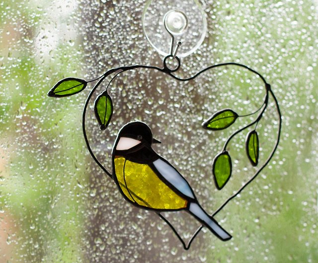 Stained glass windows - birds on a branch.Yellow birds Suncatcher. Window  Decor - Shop HelenGlassArts Wall Décor - Pinkoi