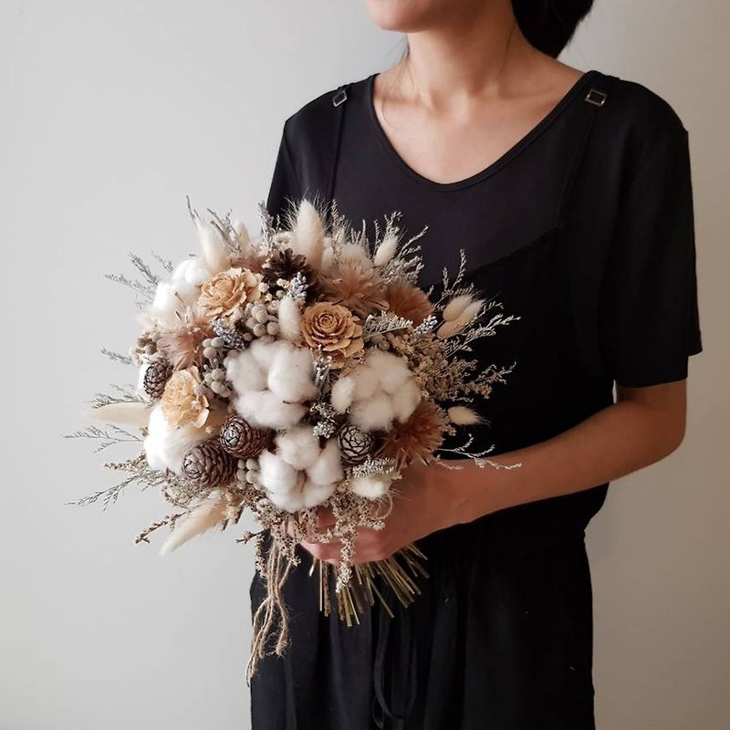Dry Bouquet | Earth Tone Cotton Dry Flower | Bridal Bouquet | Photo Bouquet - ช่อดอกไม้แห้ง - พืช/ดอกไม้ สีนำ้ตาล