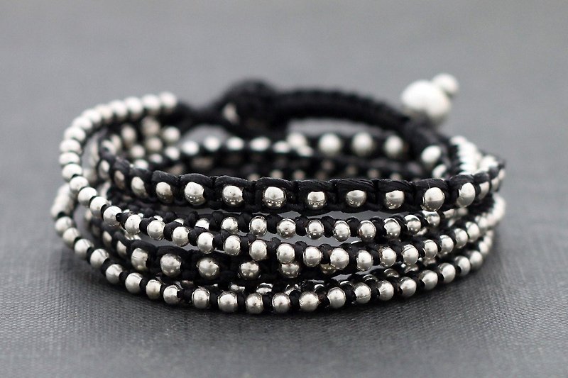 Black Cotton Silver Woven Boho Rock Punk Studed Warp Bracelet Necklace - สร้อยข้อมือ - ผ้าฝ้าย/ผ้าลินิน สีดำ
