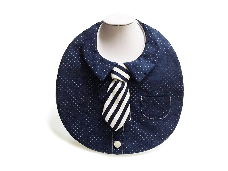 紳士造型圍兜兜-深藍白玉襯衫+領帶 - 圍兜/口水巾 - 棉．麻 多色
