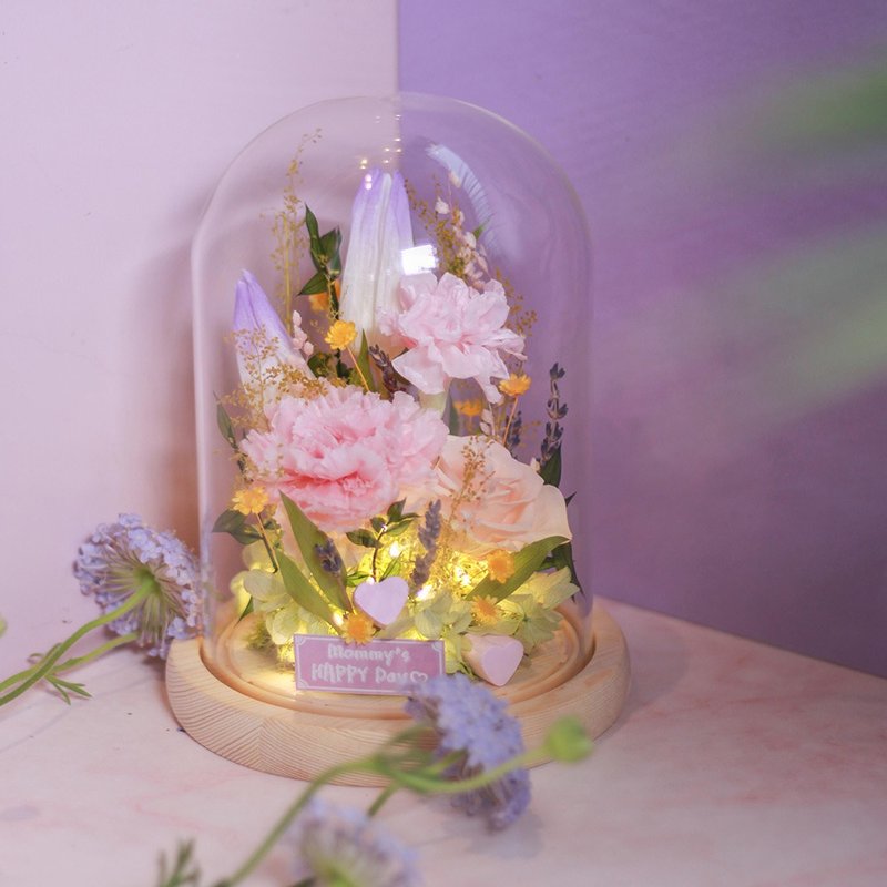 Endless Love You Carnation LED Lamp Base Glass Cover Preserved Flower Glass Cover Cup - ช่อดอกไม้แห้ง - พืช/ดอกไม้ หลากหลายสี