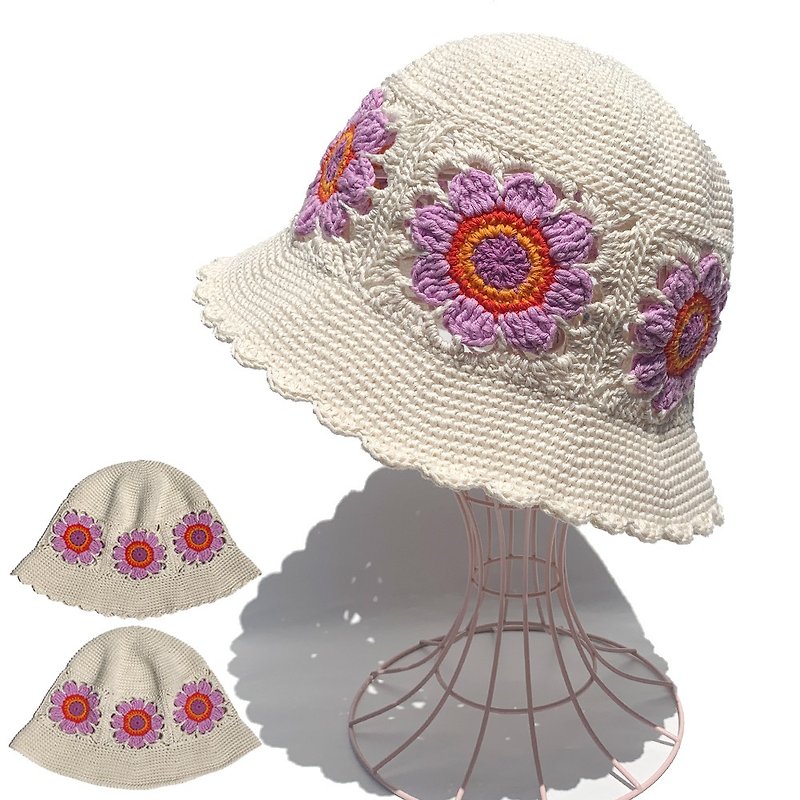 [Croche Hat] Choose your brim FLOWER motif crochet hat OFF - Hats & Caps - Cotton & Hemp White