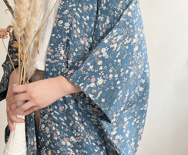 春夏物 日本製 和風 小花柄ブルー薄手 ヴィンテージ 羽織 ジャケット - ショップ REreburn ジャケット - Pinkoi