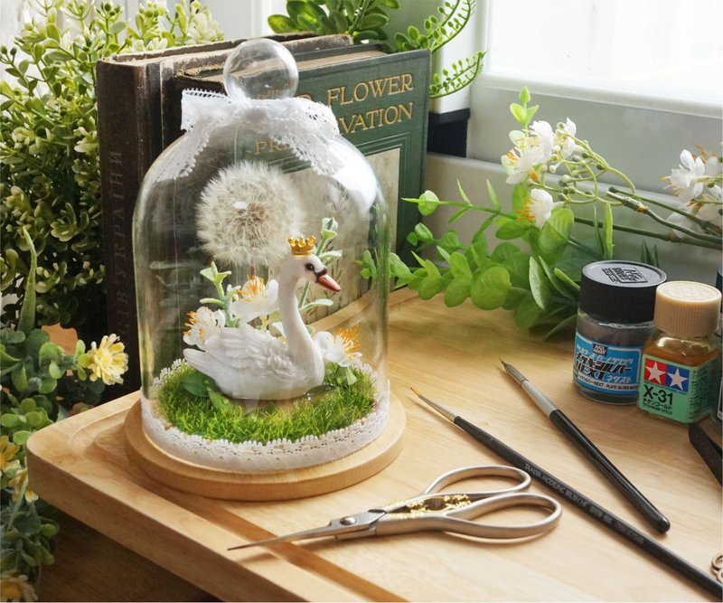 羊奶的家*手作/新版天鵝湖微景觀森林(蒲公英永生花) - 乾燥花/永生花 - 植物．花 綠色
