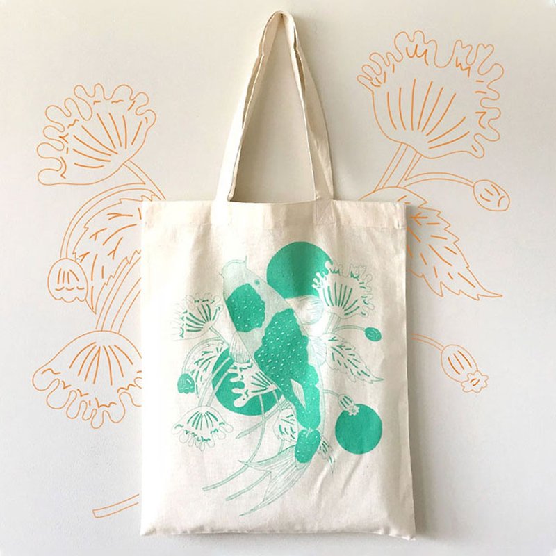 Organic Tote Bag  // Screen Print // Japanese Koi Fish // Neon Green - Handbags & Totes - Cotton & Hemp Green