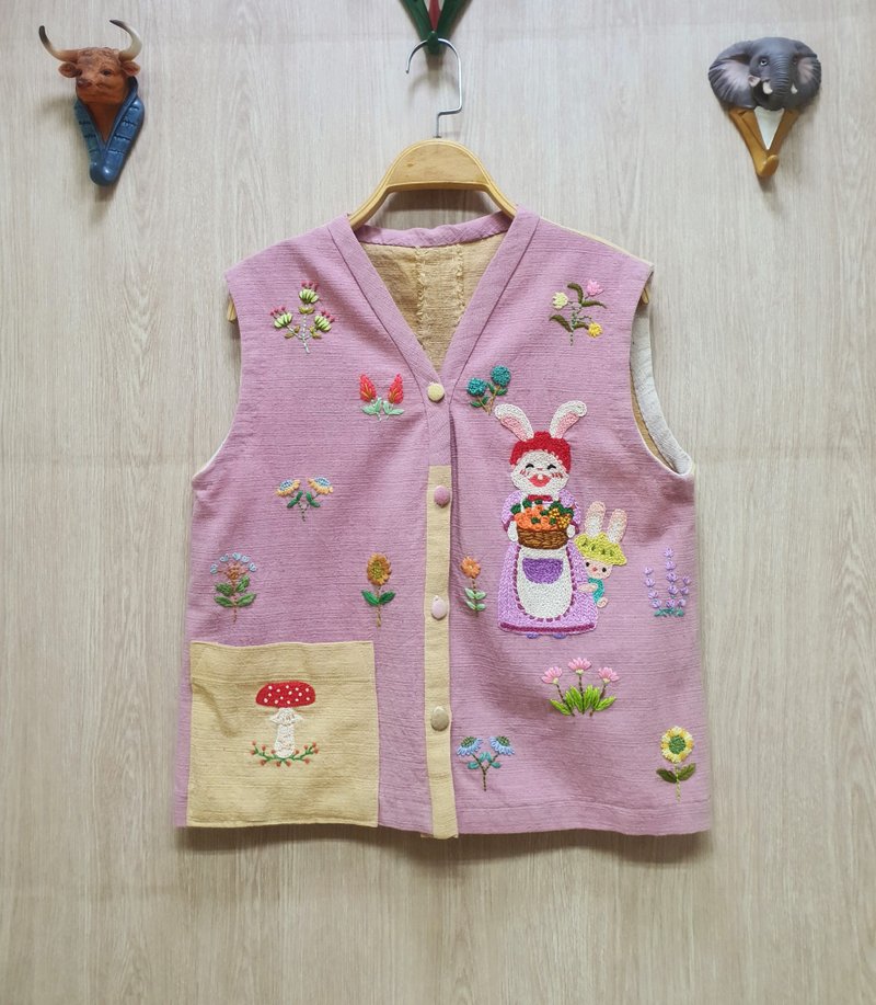 手工刺繡襯衫、棉織物、天然染料、花卉、狐狸 - 女上衣/長袖上衣 - 繡線 粉紅色