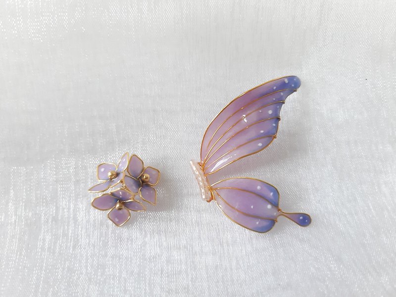 Resin Earrings & Clip-ons Purple - Hydrangea and butterfly asymmetric earrings Clip-On resin butterfly