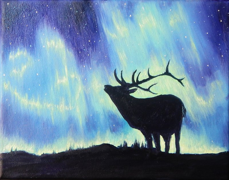 Deer Painting 掛畫  裝飾畫 小畫 Nordic Christmas Winter Night Aurora Borealis Painting - ตกแต่งผนัง - วัสดุอื่นๆ สีน้ำเงิน