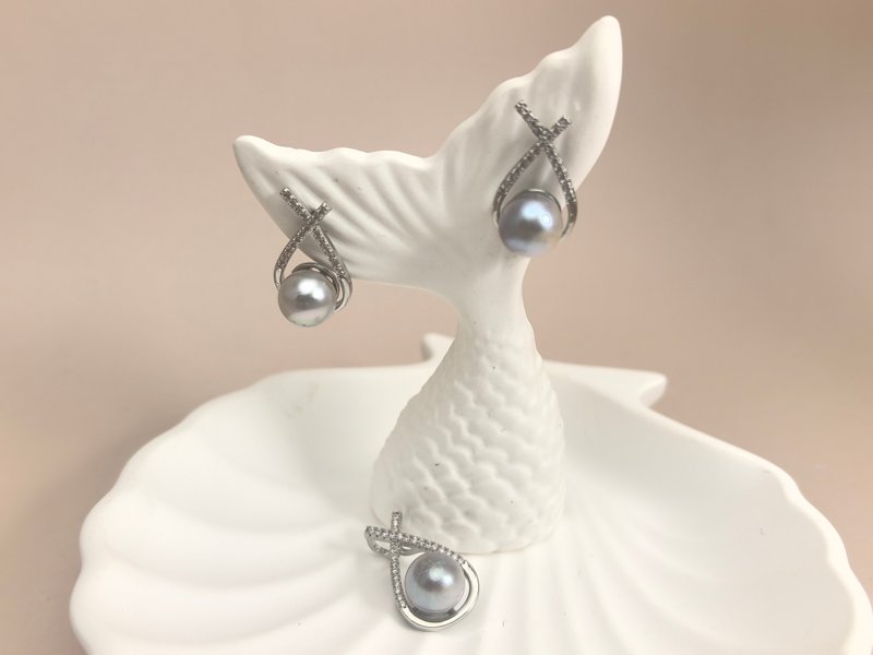 Natural seawater pearl akoya real Linen earring pendant set with necklace - Earrings & Clip-ons - Pearl Transparent