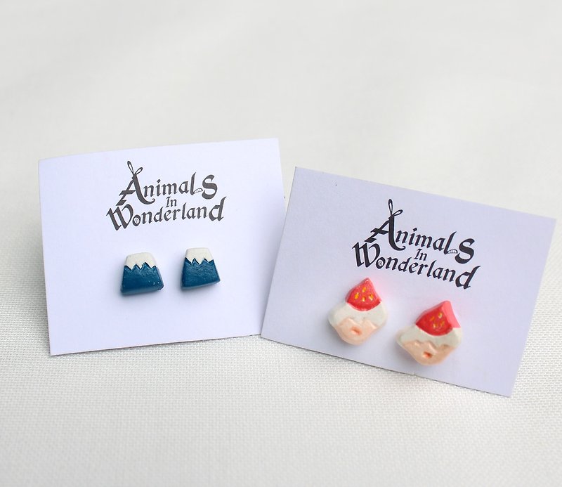 Goody Bag - Mt. Fuji + strawberry cake earrings / two pairs / adjustable ear clip - Earrings & Clip-ons - Clay Blue