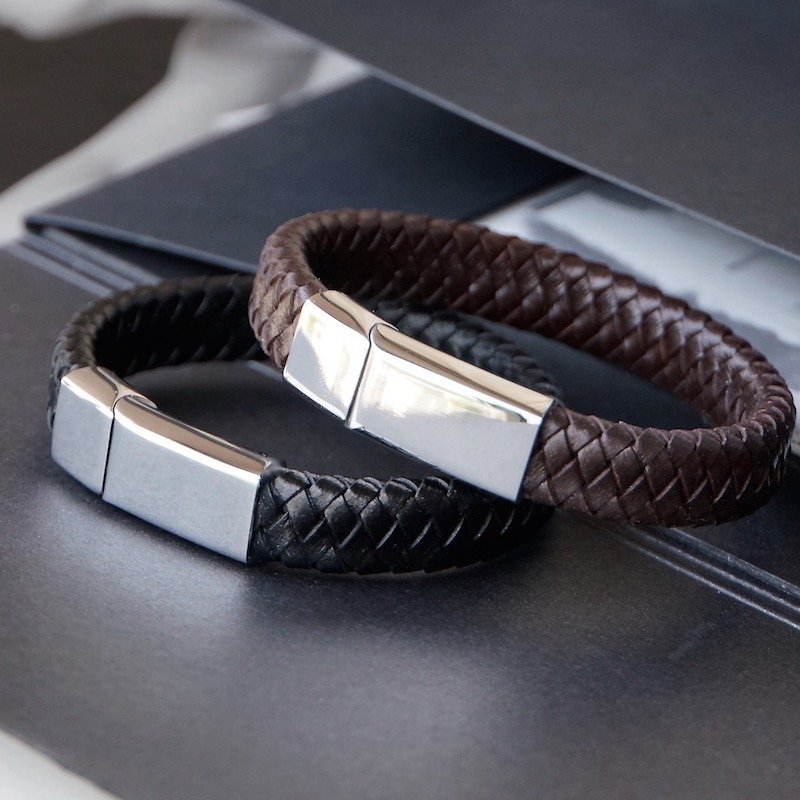 ITS: 927 【Leather Rope Series ~ ~ Guardian ~】 Titanium Steel Men's Knitted Cattle Rivet 1. 12mmx6mm (black, deep coffee) - Bracelets - Genuine Leather Black