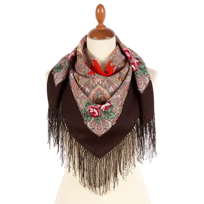 Authentic Pavlovo Posad Russian Shawl Scarf Soft 100% Wool 89x89 cm 1946-17 - Scarves - Wool Brown